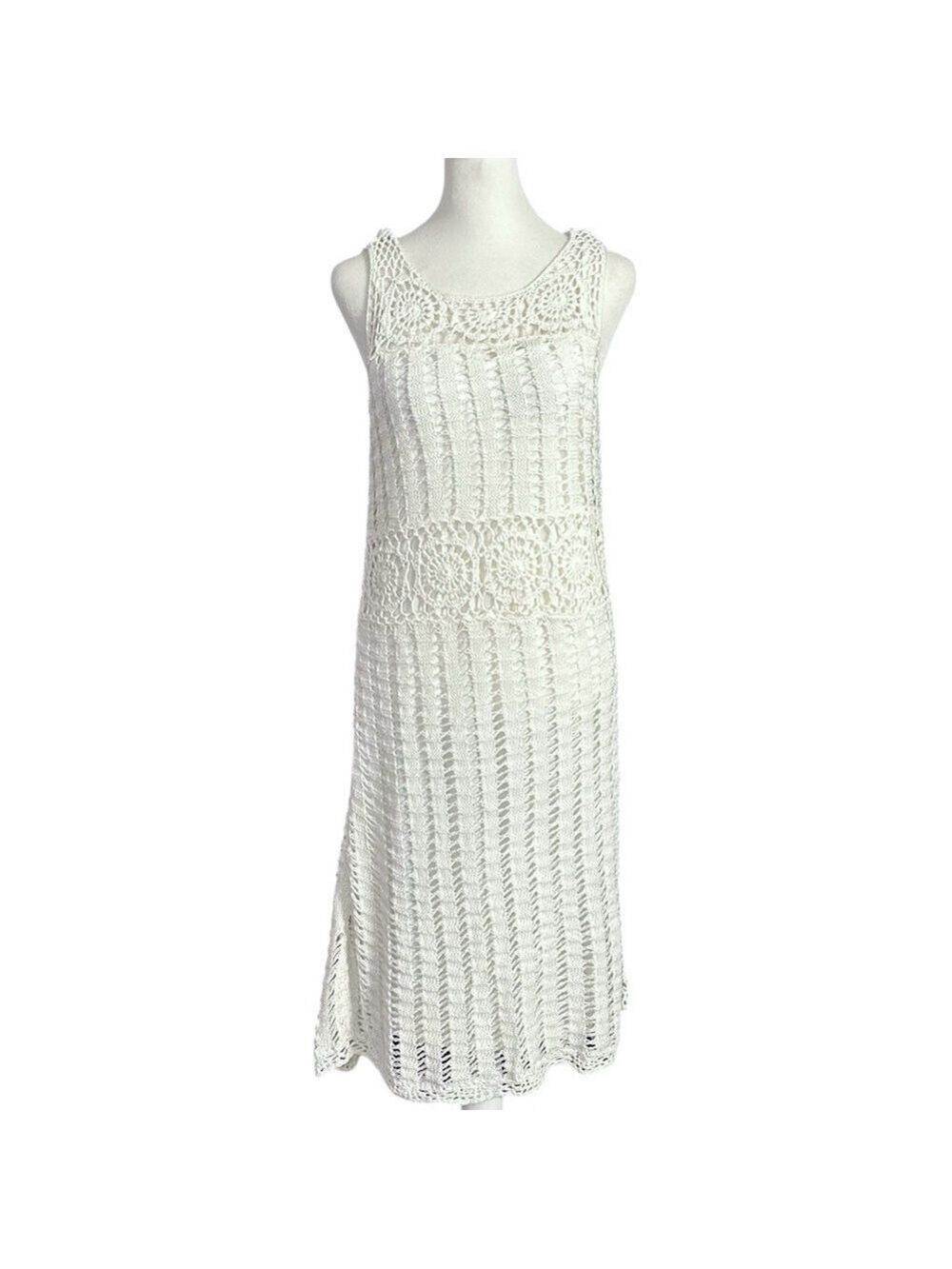 VENUS Moss Crochet Knit Lined Sleeveless Summer Dress White Size Medium